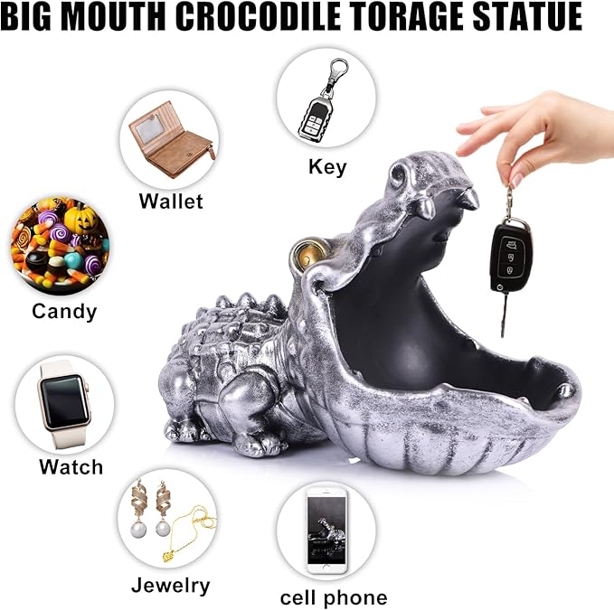 Alligator Statue Key Bowl, Fun Animal Statue Candy Dish for Entryway Decorative Bowl, Office Candy Dish, Big Mouth Sculpture Home Living Room Trinket Container Storage Box (Silver)