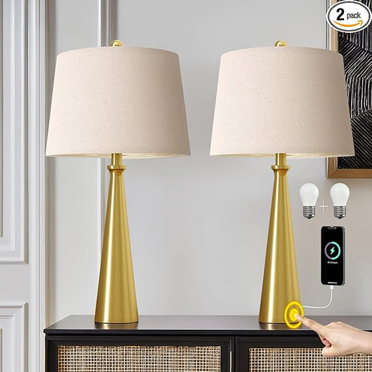 Oneach 25.75" 3-Way Dimmable Touch Control Modern USB Table Lamp Set of 2 for Living Room Bed Room Bedside Nightstand Lamps Fabric Shade Vintage Accent Light Gold Antique Brass
