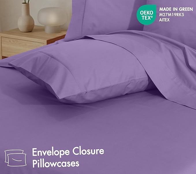 RUVANTI 100% Cotton Percale Sheets Twin XL Size 4 Piece Set, Cooling Bed Sheets for Hot Sleepers, Deep Pocket 16”, Breathable Lightweight & Durable, Crisp Hotel Style Sheets, Purple Sage