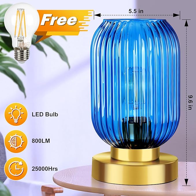 Mid Century Modern Table Lamp with Blue Ribbed Glass Shade, Touch Control & 3 Way Dimmable, Small Gold, Vintage Bedside Lamp for Bedroom, Living Room, Office (Bulb Included)