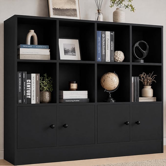 Cozy Castle Black Wood Bookcase, 12 Cube Display Shelf with 4 Doors, 3 Tier Open Bookshelf with Adjustable Shelves for Living Room, Home Office, Entryway