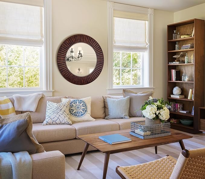 Chende 36'' Circle Mirror with Wood Frame, Large Decorative Mirror for Living Room, Farmhouse Bathroom Mirrors with Bronze Groove Finish for Entryway, Bedroom