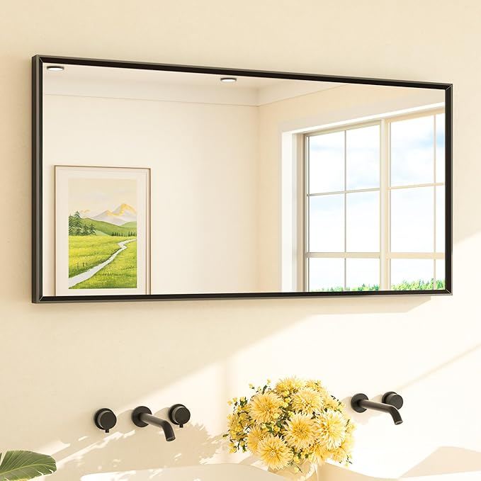 TETOTE 48" x 24" Black Bathroom Vanity Mirror for Over Sink Beveled Frame, Black Rectangle Metal Framed Bathroom Wall Mirror, Tempered Glass, Modern Farmhouse Bedroom, Entryway, Living Room
