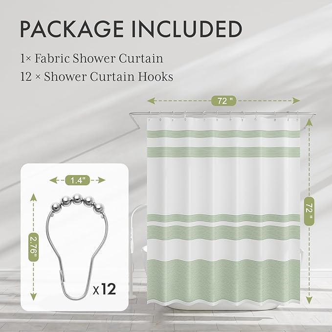 AmazerBath Shower Curtain, Washable Cloth Sage Green with 12 Shower Curtain Hooks, Fabric Green and White Striped Set, Farmhouse Bathroom Shower Curtain, 72x72 Inches