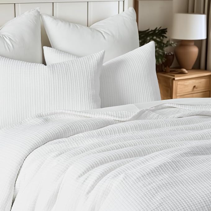EVERGRACEHOME Cotton Gauze Full Queen Bedspread, Ultra Soft Prewashed Pick Stitch Matelassé Coverlet, Lightweight Textured Oversized Queen Quilt Bedding Set for All Season, w/2 Shams, White
