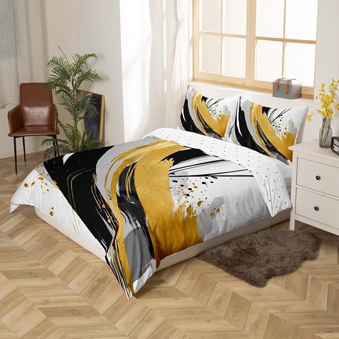 Erosebridal Black and White Golden Duvet Cover Twin - Geometric Decorative Abstract Bedding Sets Striped Bed Set for Boys Adults Girls Minimalists Graffiti Aesthetic Lines Bed Cover