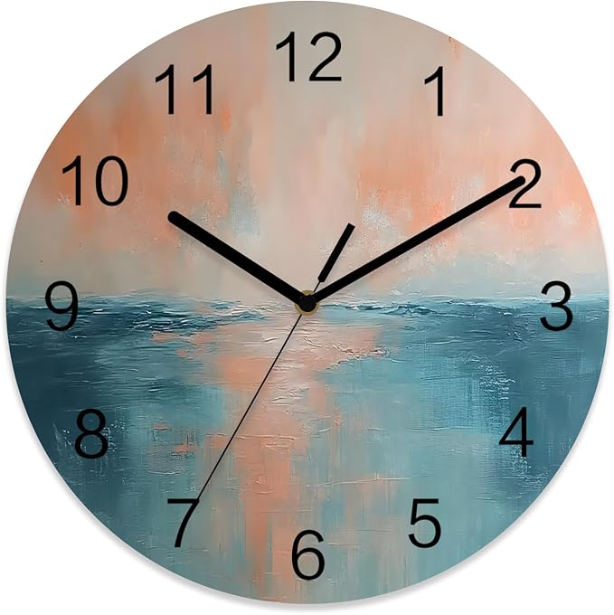 Oil Painting Style Wall Clock Battery Operated Non-Ticking 10" Round Wood Clocks, Abstract Yellow Blue Ocean Sunset Kitchen Wall Clock for School Bathroom Living Room Home Office Wall Decor