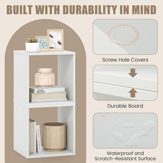 2 Stackable Cubes Bookcase, Wooden Cubby Storage Organizer with Anti-Tipping Device, Small Book Shelf for Small Space, Combination Square Bookshelf Cubes (2, White)