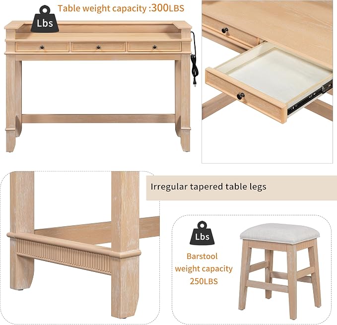 P PURLOVE 4 Piece Dining Bar Table Set with 3 Stools, Multifunctional, Industrial Style, USB Port, Space Saving, Solid Wood, Easy Assembly