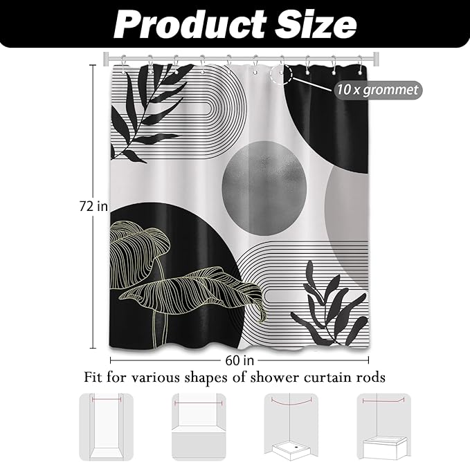 Black and Grey Shower Curtain Black White Gray Mid Century Modern Shower Curtains for Bathroom Decor Boho MCM Mens Cool Bath Curtain Set, Waterproof Fabric with Hooks 60 x 72 Inch