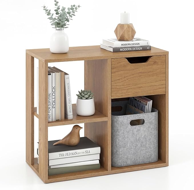 LOKO 3-Cube Bookshelf with Drawer Set of 2, 2-Tier Open Shelf Bookcase, Freestanding Display Shelf, Modern Home Storage Organizer, Shelving Unit for Living Room, Study, Office (1, Natural)