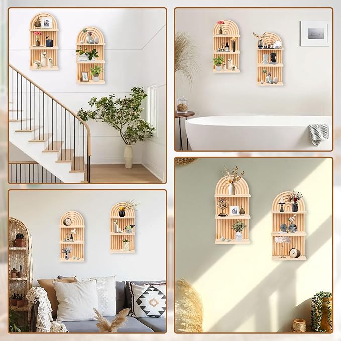 Qivine Boho Wall Shelf 2 Pcs 3 Tier Shelves for Room Wall Wood Floating Shelf with Arched Wood Design Walls Mounted for Living Room, Bedroom, Bathroom Decor (Primary, 3-Tier)