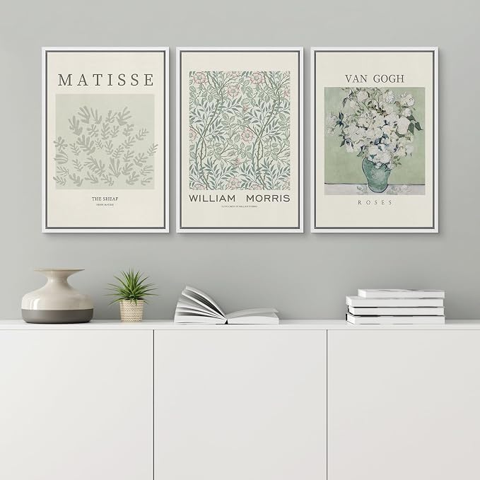 wall26 Framed Canvas Print Wall Art Set Matisse, William Morris, Van Gogh Photography Modern Rustic Scenic Colorful Multicolor for Living Room, Bedroom, Office - 24"x36"x3 White