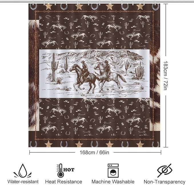 Western Horse Cowboy Shower Curtain for Boys Men Kids Teens Rustic Country Wild West Waterproof Shower Curtains for Bathroom Decor 12 Pack Hooks 66x72in（168x183cm）