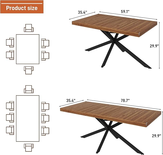 59In-78Inch Extendable Rectangular Dining Table for 6 8 People, Wood Long Dining Room Table W/Removable Leaves,Space Saving,Modern Dinner Table W/Waterproof Tabletop&Metal Legs for Kitchen Living Room