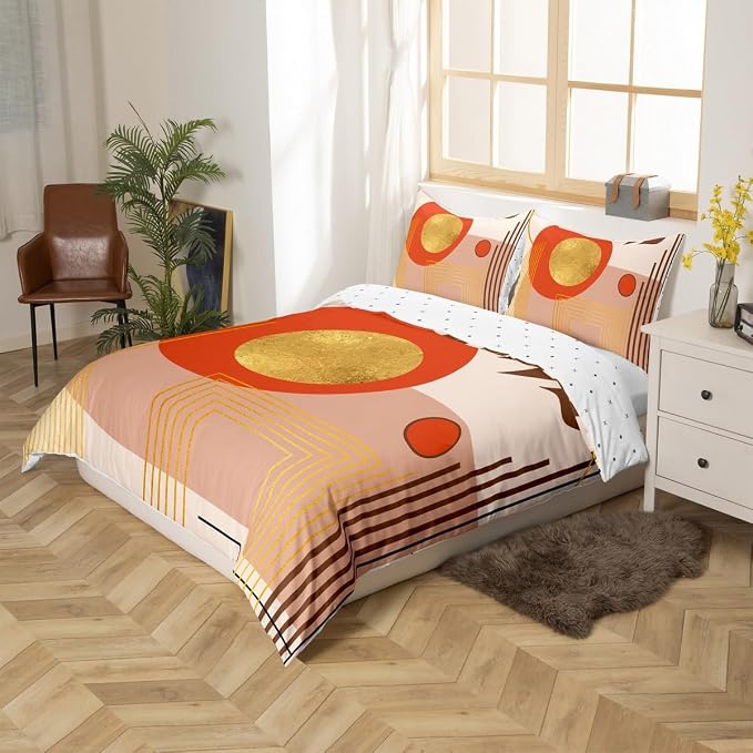 Erosebridal Beige Brown Abstract Boho Duvet Cover King Size Minimalist Aesthetic Neutral Comforter Cover Mid Century Modern Bedding Set Botanical Leaves Geometric Bed Set