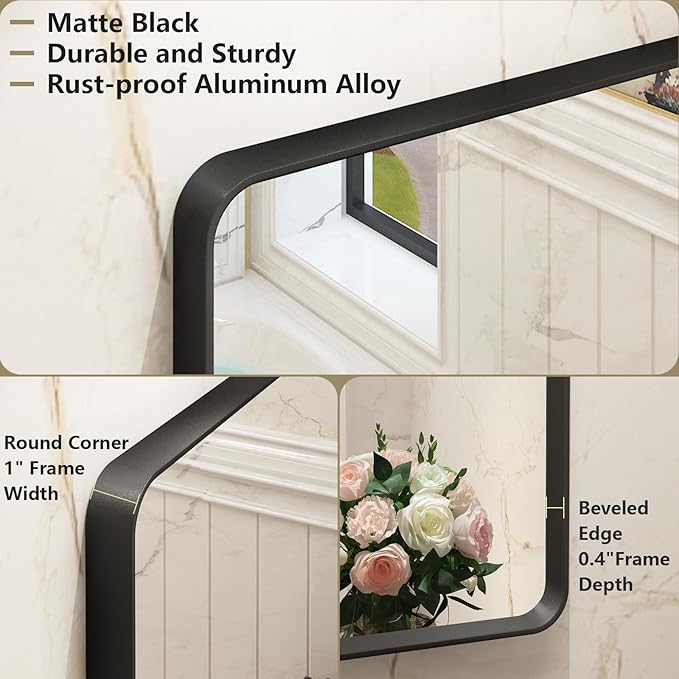 OKPAL 40X32 Inch Black Metal Frame Bathroom Mirror for Wall, Matte Black Vanity Bathroom Mirror, Black Rounded Rectangle Mirror, Rustproof, Shatter-Proof, Hangs Horizontally or Vertically