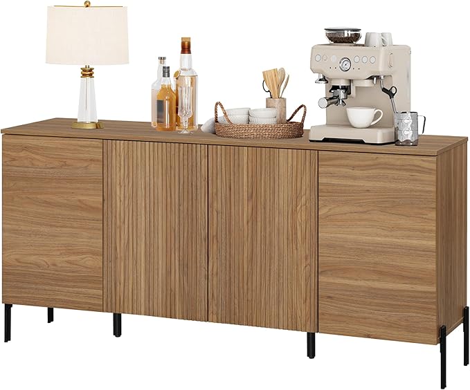 WAMPAT Fluted Buffet Cabinet with Storage, 61.5" Large Sideboard Cabinet with Storages, and 4 Doors,Modern Buffet Table Coffee Bar Wine Bar Storage for Dining Room,Brown