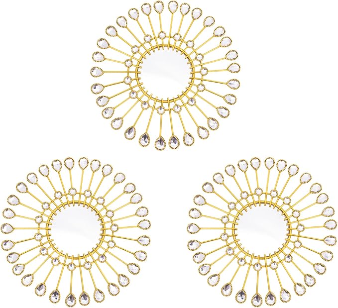 Gold Mirrors - Sunburst Valentine Wall Art, Decorative Round Mirrors for Valentine Bedroom, Living Room, Bathroom, Kitchen, Entryway, Hallway - Set of 3