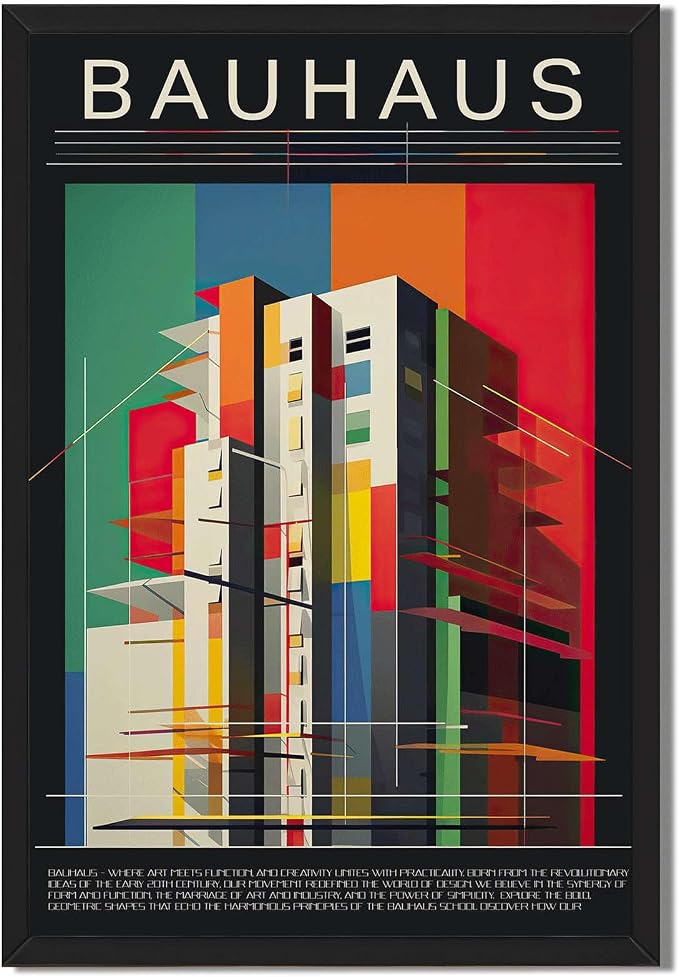 Framed Bauhaus Geometric Architecture Poster Canvas Print Art Modern Contemporary Minimalist Aesthetic Wall Art Painting Pictures Wall Decor Exquisite Home Decor for Living Room Office Apartment (Black framed,12L"X16W")