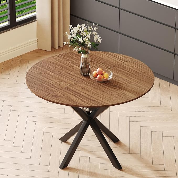 43"-59" Extendable Round Dining Table for 4-6,Mid Century Modern Walnut Wood Grain Table,Expandable Kitchen Table for Small Spaces