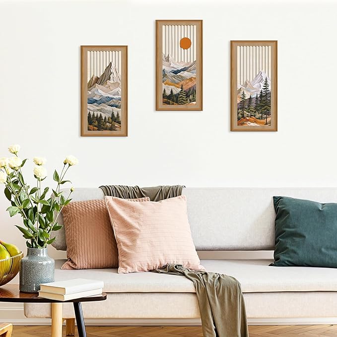 Celestdeco Boho Abstract Mountain Wood Wall Art Modern Geometric Artwork Bohemian Sun Forest Wood Wall Decor Mountain Tree Hanging Decor for Living Room Bedroom 7.9 x15.8 Inch