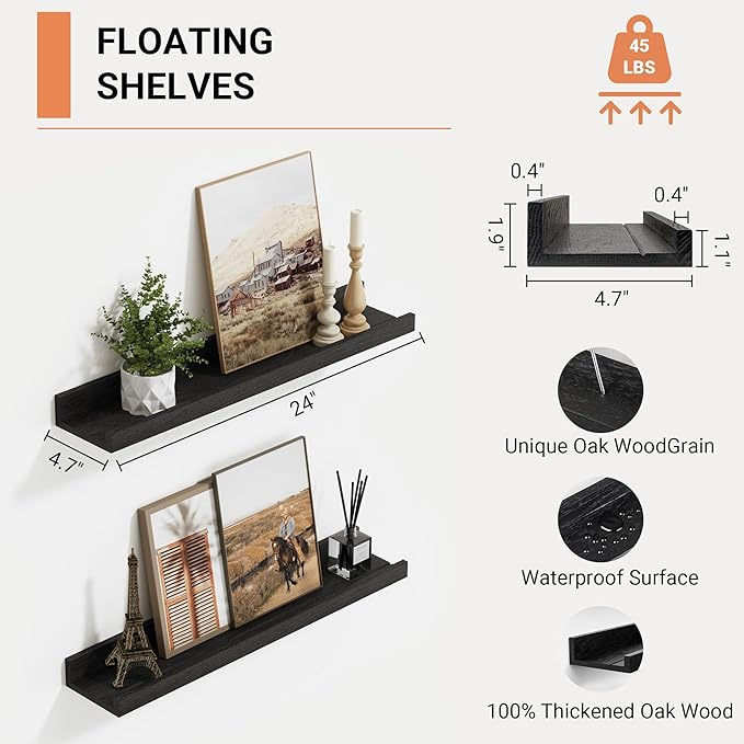 Vivelove Floating Shelves Wall Mounted Set of 2, Modern Black Wall Shelves for Storage with Lip, Display Picture Ledge Shelf for Bedroom Kitchen Bathroom Living Room Nursery Display