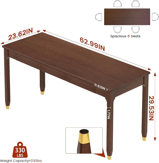 63 Inch Long Solid Wood Desk with Drawers - Mid Century Modern Office Desks, Executive Computer Desk for Two People, 2 Person Desk|Gaming Writing Study Table for 2 Monitors-Dark Walnut