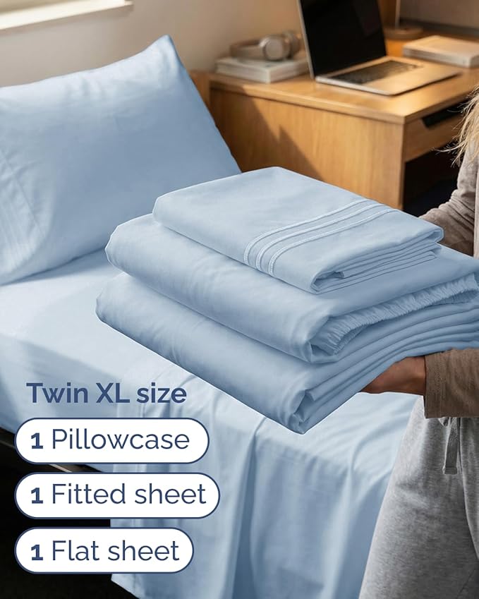Twin XL Size 3 Piece Sheet Set - Comfy Breathable & Cooling Sheets - Hotel Luxury Bed Sheets for Women & Men - Deep Pockets, Easy-Fit, Soft and Wrinkle Free Sheets - Sky Blue Oeko-Tex Bed Sheet Set