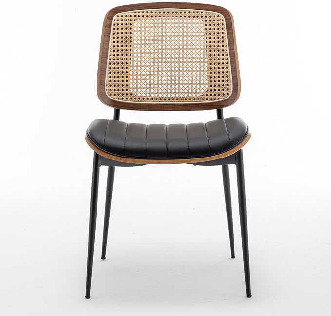 LUNLING Dining Chairs Set of 4 Mid Century Modern Retro Faux Leather Kitchen Chair with Walnut Bentwood Upholstered Seat Metal Legs Adjustable Foot for Kitchen Dining Room Chairs(Black-Rattan Back)