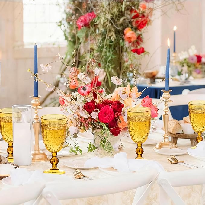 Plastic Wine Glasses 24Pcs Plastic Goblets 7.5oz Colored Retro Embossed Glassware Vintage Stemmed Drinking Cup Reusable Water Goblets for Wedding Reception Grand Event Party Bar,Whiskey (Amber)