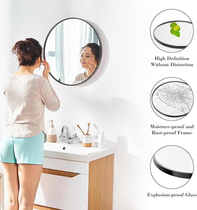 NEWBULIG Round Bathroom Mirror for Over Sink, 24 Inch Wall Mount Vanity Circle Mirror with Matte Metal Framed, Decor for Bathroom, Entryway, Bedroom, Black