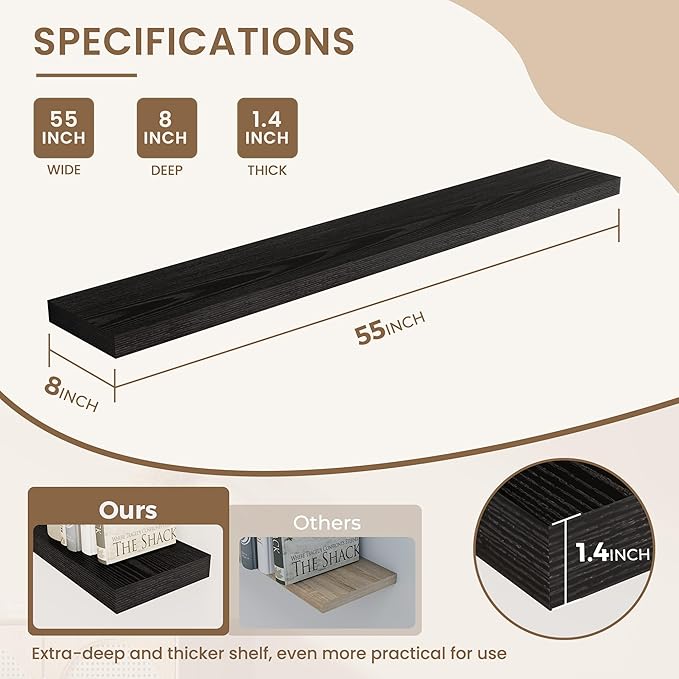 Dreamland 55 Inches Floating Shelves for Wall, 8" Deep Long Floating Shelves Set of 1, Large Display & Storage Shelf, Wall Shelf for Bathroom Bedroom Living Room Kitchen Office, Black
