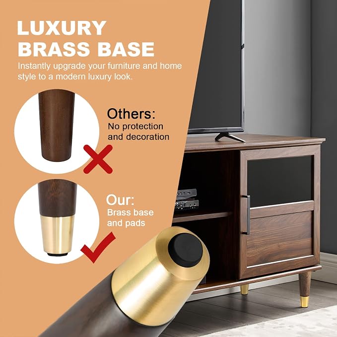 ALAMHI Mid-Century Modern Couch Legs - Set of 4, 6 Inch Brown Round Tapered with Brass Base for Cabinets, Coffee Table, Ottoman, Sofa, Loveseat, Armchair