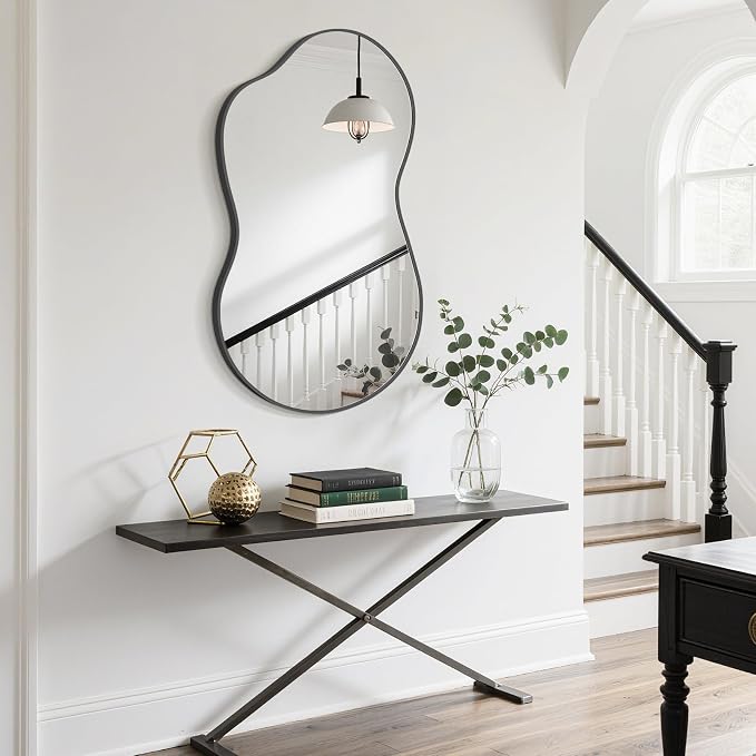 HOMECOOKIN 46" H x 26" W Irregular Wall Mirror, Asymmetrical Decorative Mirror with Black Aluminum Frame, Wavy Abstract Black Mirror, for Living Room, Bedroom, Bathroom, Entryway, Cloakroom