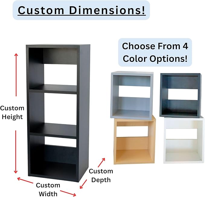 Custom Sized 3-Cube Cubby; Choose color, width, depth, and height. Units are 3/4 inch thick premium grade melamine for strong, solid unit. Easy assembly. Place on the floor or mount on a wall.