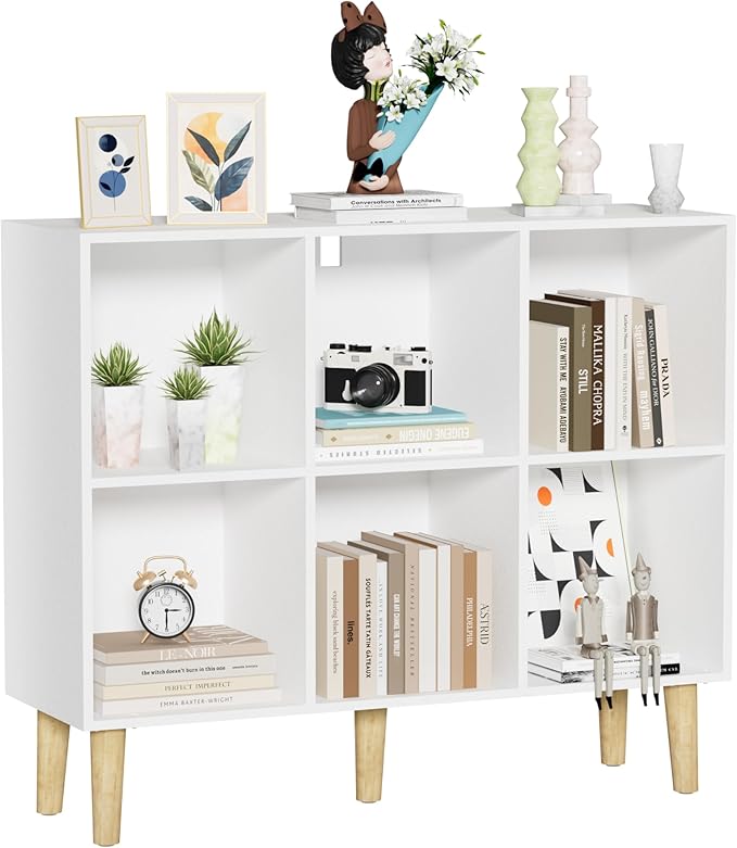 6 Cube Bookcase, Wooden Book Shelf Cube Storage Organizer with Legs, 2 Tier Bookshelf Freestanding Open Shelves for Home Office, Living Room, Bed Room (White, 6 Cube Horizontal)