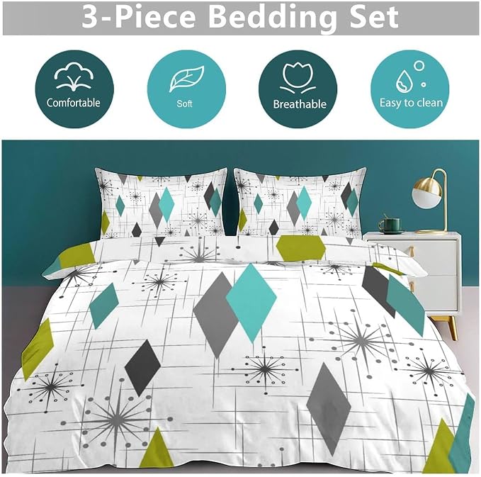 Mid Century Bedding Set,Retro Starbursts Abstract Green Grey Geometric Minimalist 1950s 60s Pattern Comforter Set with Pillowcase for Bedroom Bed Decor,Queen 90"x90"