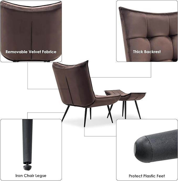 MCombo Accent Chair with Ottoman, Modern Velvet Wingback Lounge Chair, Upholstered Club Chair for Small Space, Living Room & Bedroom 4079 (2, Brown)