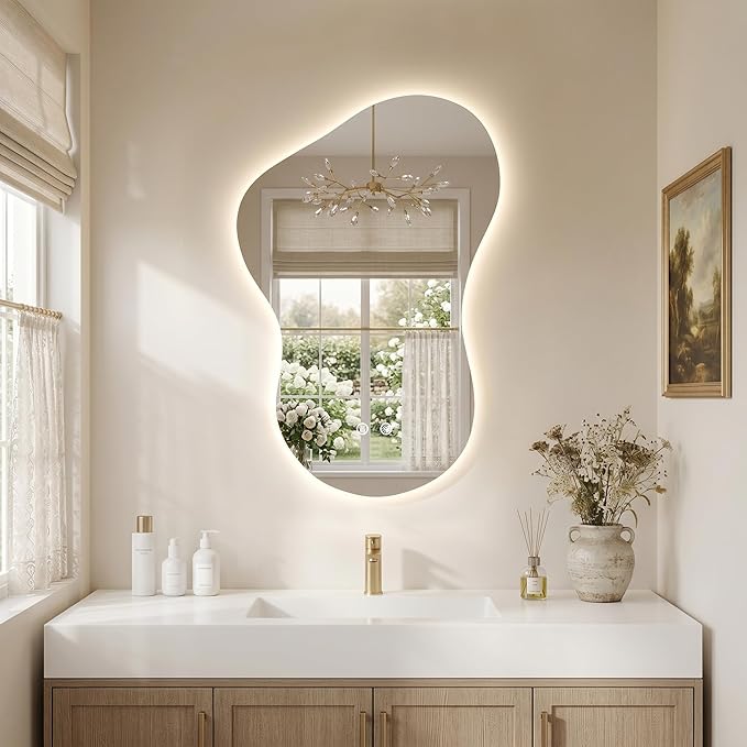 24×36 Irregular Backlit Mirror Asymmetrical Bathroom Mirror with Lights LED Dimmable Mirror for Bathroom Makeup Area