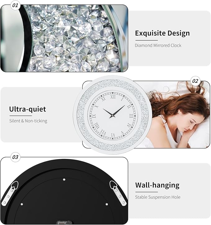 Crushed Diamond Wall Clock Round Decorative Mirrored Clock 24 inch Silver