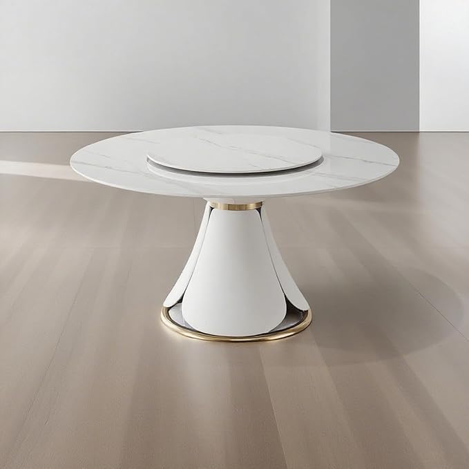 Round Marble Dining Table Set for 6-8, Kitchen Table, Dining Room Table Set Petal Pu Leather & Metal Base (59'' Table)