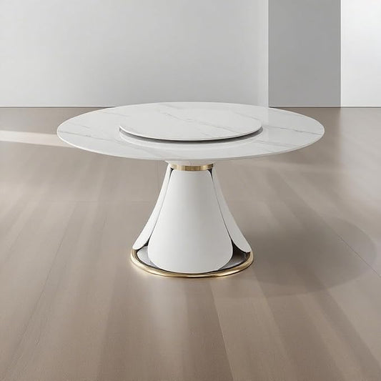 Round Marble Dining Table Set for 6-8, Kitchen Table, Dining Room Table Set Petal Pu Leather & Metal Base (59'' Table)