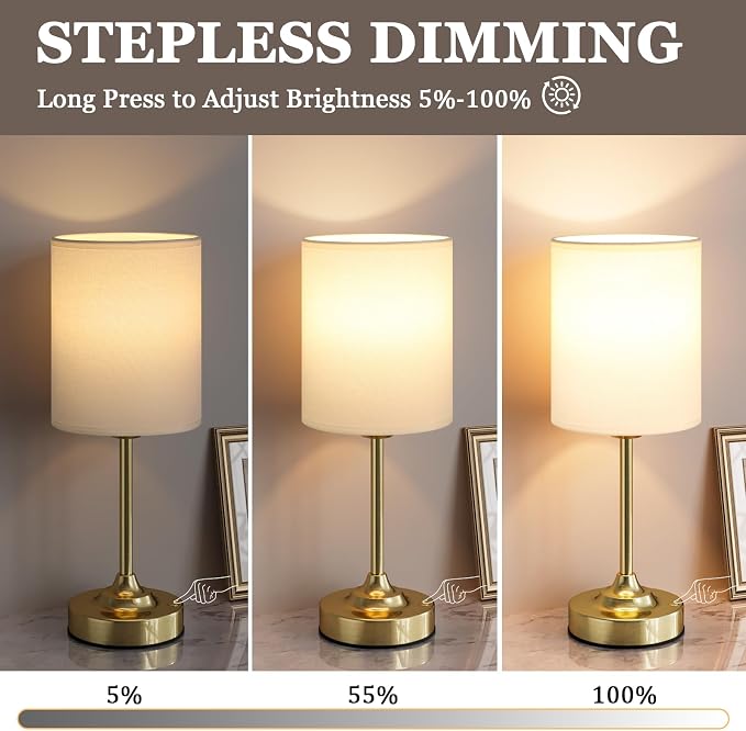 Touch Control Cordlss Table Lamp, USB-C Rechargeable Lamp with Stepless Dimming, 4000mAh Battery Operated Vintage Bedside Lamp for Bedroom, Living Room, Night Light & Emergency Lighting, Brass, 2 Pack