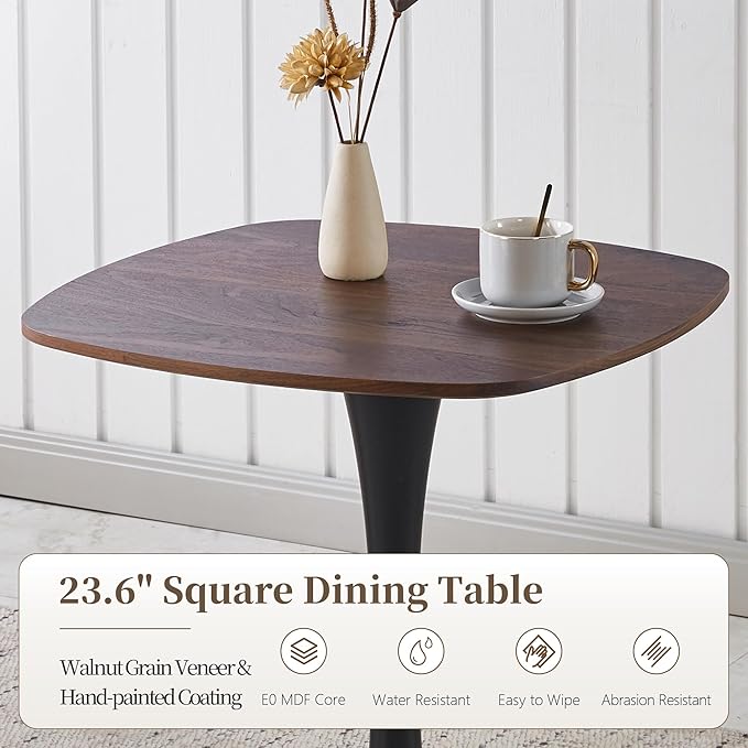Small Square Dining Table,24" Tulip Table with Metal Pedestal,15-Minute Quick Assembly,Mid Century Modern Leisure Table for Kitchen Small Places Cafe (Faux Walnut)