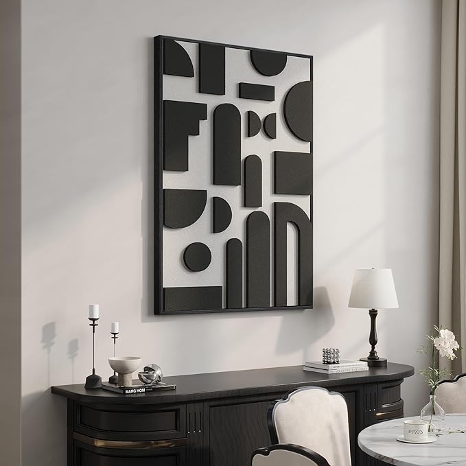 Framed 3D Black and White Abstract Wall Art, Modern Geometric Block Artwork for Walls, Minimalist Shape Pictures for Living Room Bedroom Dining Room Hallway Home Office Wall Decor, 24x36 In