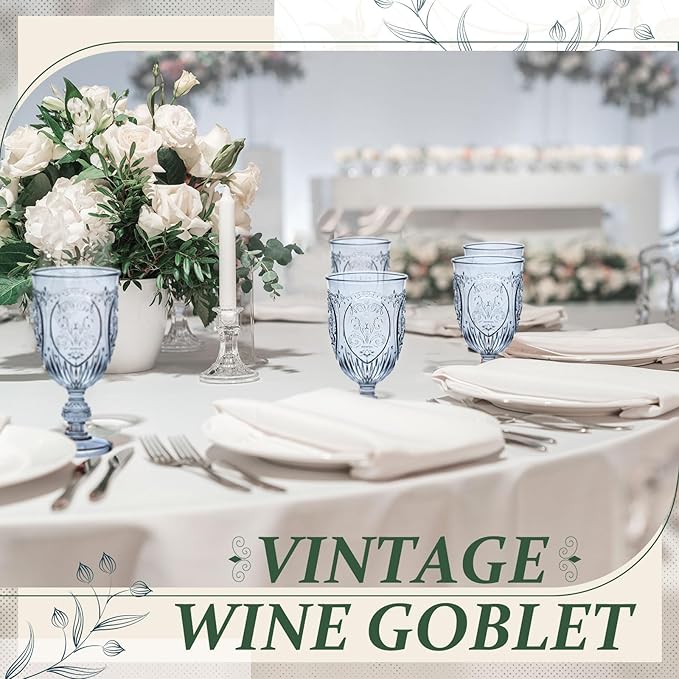 100 Pcs Plastic Goblets 7.5oz Vintage Goblet Plastic Wine Glasses Colored Retro Embossed Water Goblets for Wine Bar Juice Baby Shower Wedding Reception Grand Event Party (Blue)