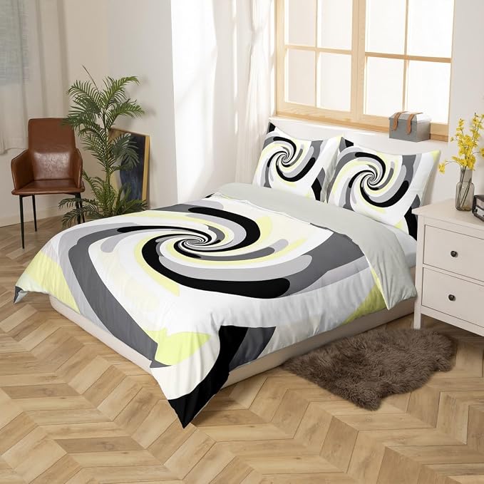 Erosebridal Geometric Circles Comforter Cover Full for Kids Boys Girls,Yellow Grey Black White Duvet Cover,Abstract Art Bedding Set,Mid Century Minimalist Bed Set with 2 Pillowcases Bedroom Decor