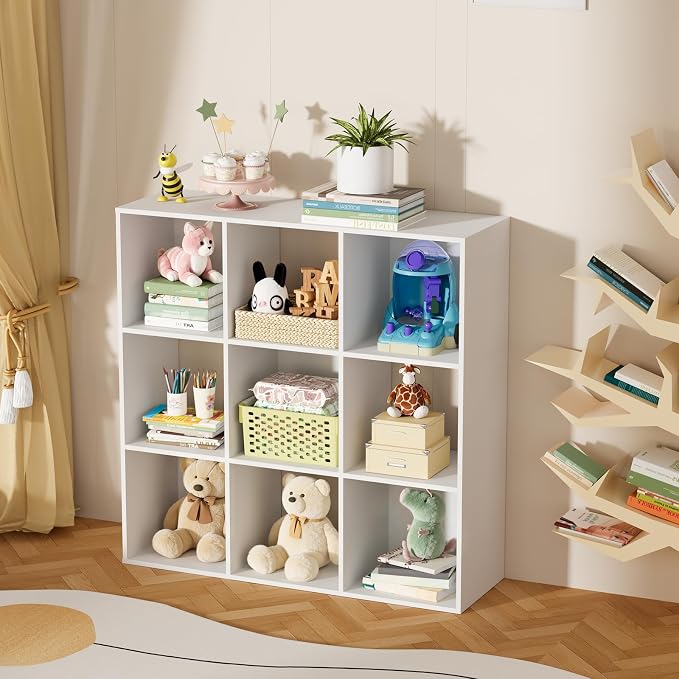 9 Cube Storage Organizer, Free Standing Display Shelf with Open Cubes, Floor Standing Book Shelf Bookcase with Storage for Home Office, Living Room, Bed Room (White, 9-Cube)