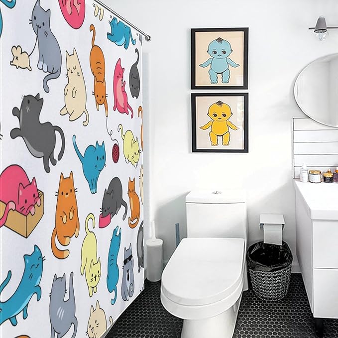 Cartoon Cat Shower Curtain Colorful Watercolor Cats Pattern Duty Fabric Shower Curtains Set Bathroom Polyester Waterproof with 12 Hooks, 66x72Inch（168x183cm）